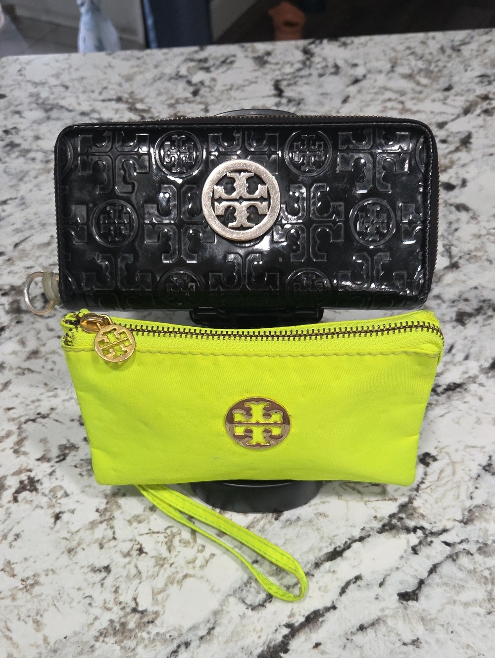 Tory Burch Neon Yellow Wristlet Pouch with Black Patent Clutch
